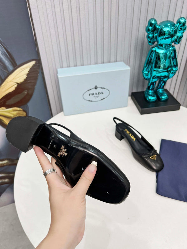 Prad 26s Round Toe Slingback Pumps 40mm In Black Calfskin With Bow