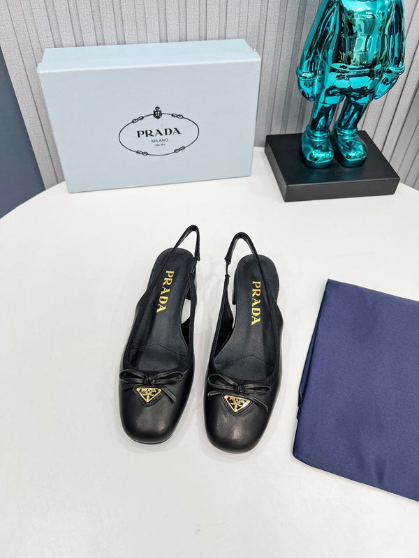 Prad 26s Round Toe Slingback Pumps 40mm In Black Calfskin With Bow
