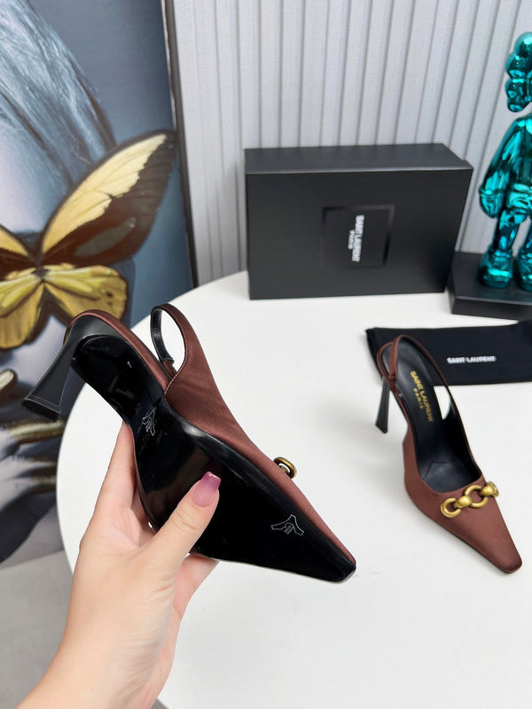 YSL Hermione Slingback 11cm Brown Silk 680403