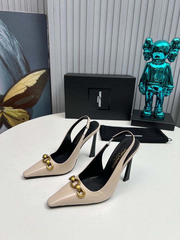 YSL Hermione Slingback 11cm Cuir Verni Beige 680407