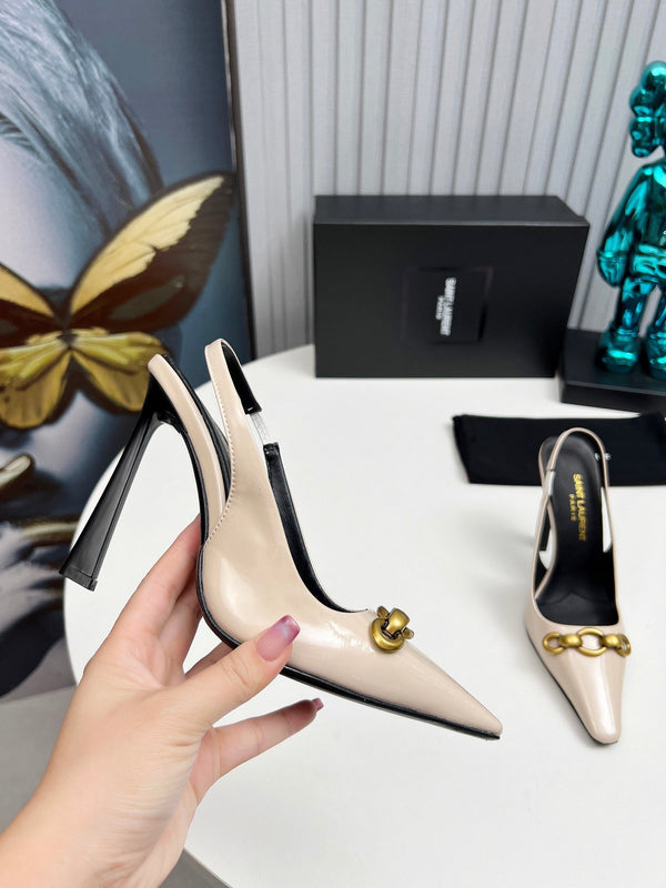 YSL Hermione Slingback 11cm Cuir Verni Beige 680407