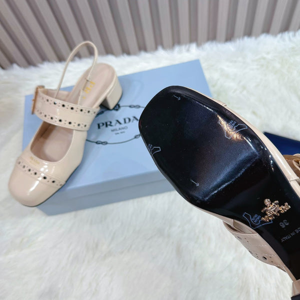 Prad 26s Square Toe Studded Slingback Block Heel 40mm In Beige Patent Calfskin
