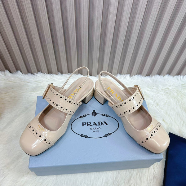 Prad 26s Square Toe Studded Slingback Block Heel 40mm In Beige Patent Calfskin