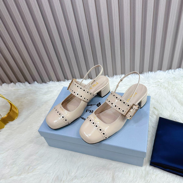 Prad 26s Square Toe Studded Slingback Block Heel 40mm In Beige Patent Calfskin