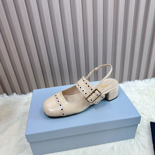 Prad 26s Square Toe Studded Slingback Block Heel 40mm In Beige Patent Calfskin