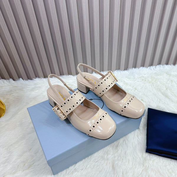 Prad 26s Square Toe Studded Slingback Block Heel 40mm In Beige Patent Calfskin