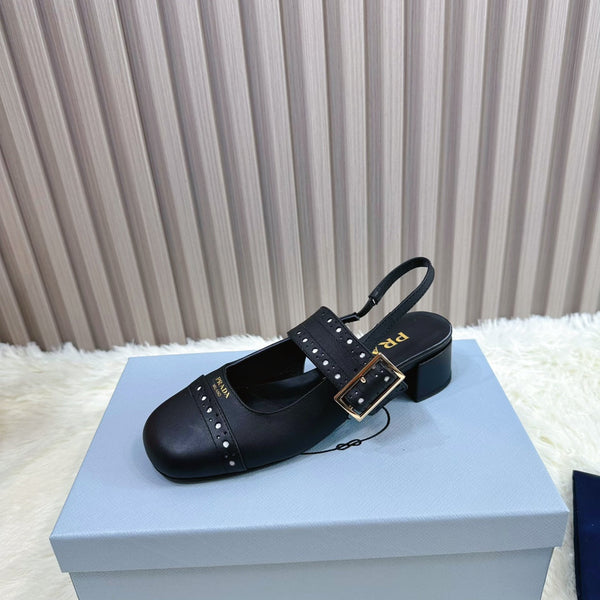 Prad 26s Square Toe Studded Slingback Block Heel 40mm In Black Calfskin