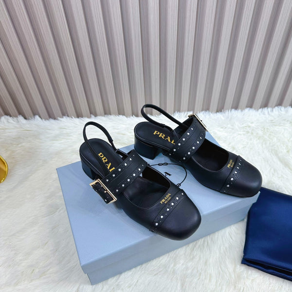 Prad 26s Square Toe Studded Slingback Block Heel 40mm In Black Calfskin