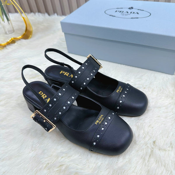 Prad 26s Square Toe Studded Slingback Block Heel 40mm In Black Calfskin