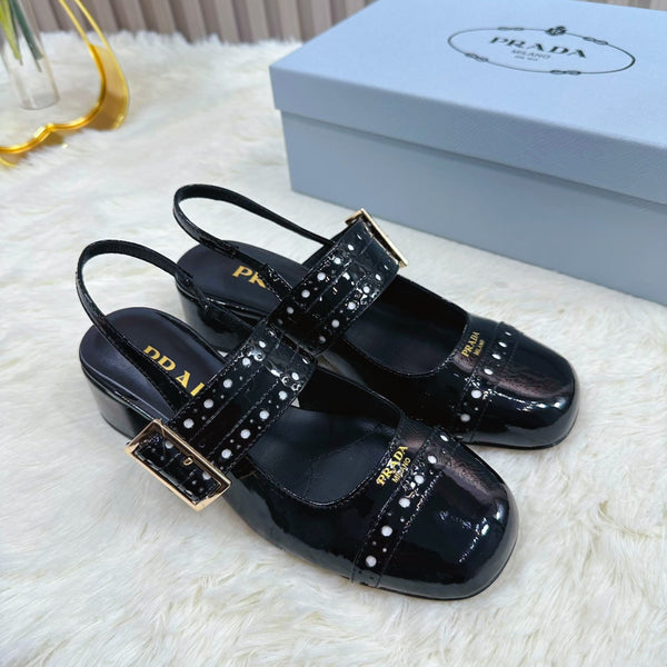 Prad 26s Square Toe Studded Slingback Block Heel 40mm In Black Patent Calfskin