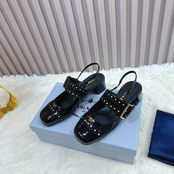 Prad 26s Square Toe Studded Slingback Block Heel 40mm In Black Patent Calfskin