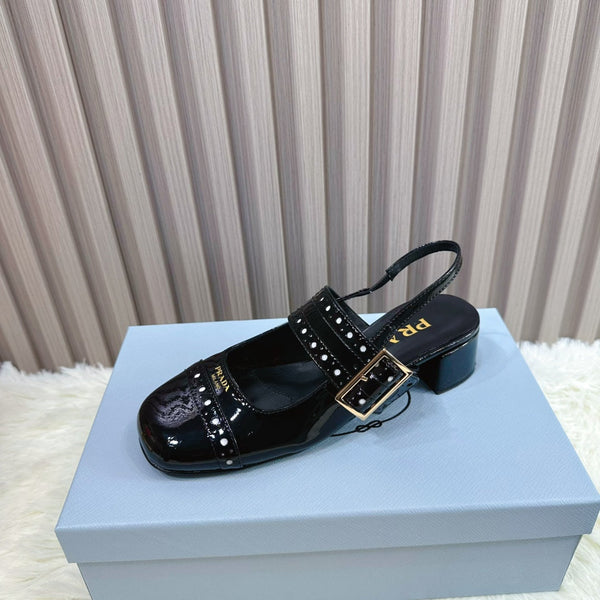 Prad 26s Square Toe Studded Slingback Block Heel 40mm In Black Patent Calfskin