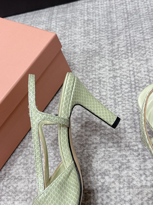 Miu 26s Heeled Sandals 8.5cm Light Green Snakeskin Texture 680492