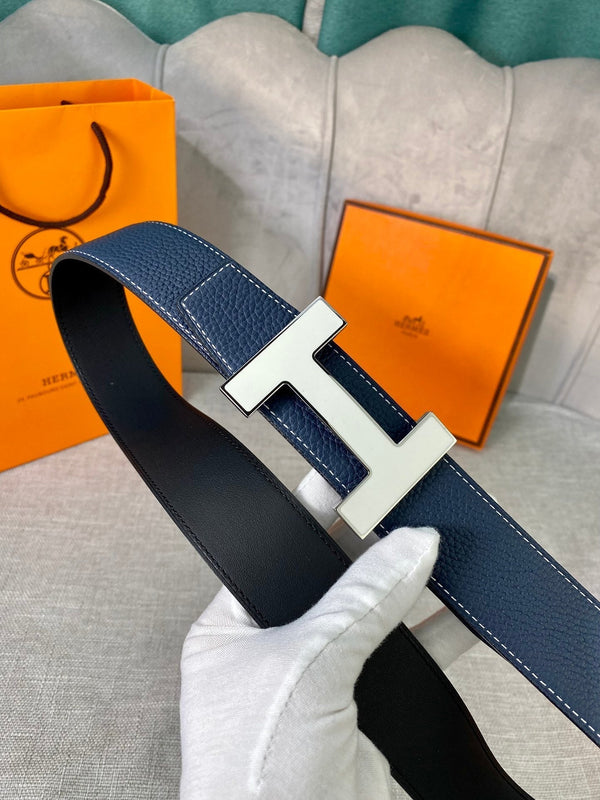 CINTURA HM CONSTANCE CON FIBBIA E CINTURINO REVERSIBILE IN PELLE BLU NAVY 38 MM FERRAMENTA ARGENTO