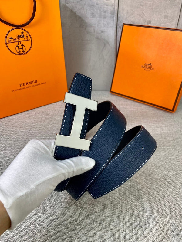 CINTURA HM CONSTANCE CON FIBBIA E CINTURINO REVERSIBILE IN PELLE BLU NAVY 38 MM FERRAMENTA ARGENTO