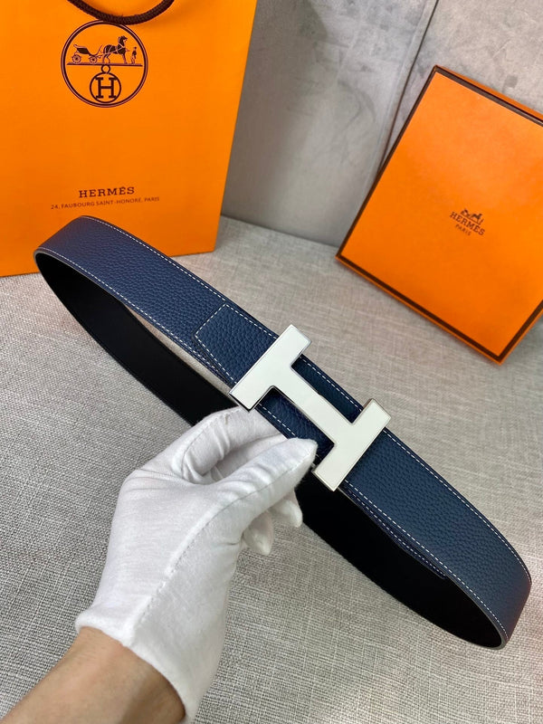 CINTURA HM CONSTANCE CON FIBBIA E CINTURINO REVERSIBILE IN PELLE BLU NAVY 38 MM FERRAMENTA ARGENTO