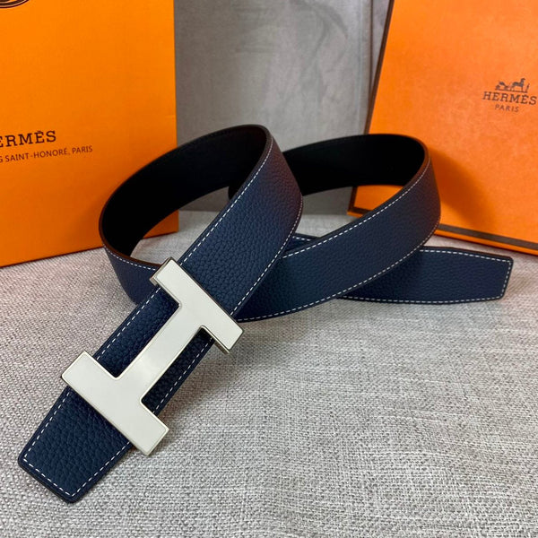 CINTURA HM CONSTANCE CON FIBBIA E CINTURINO REVERSIBILE IN PELLE BLU NAVY 38 MM FERRAMENTA ARGENTO