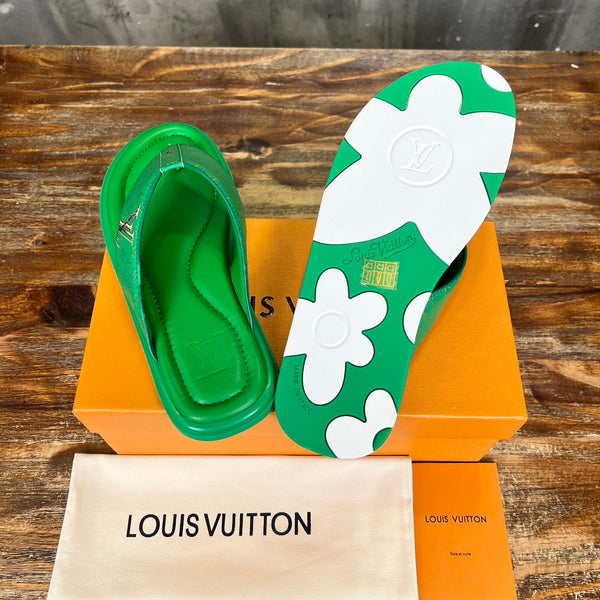 LV THONG SLIPPER IN SHAMROCK GREEN  MONOGRAM CALFSKIN