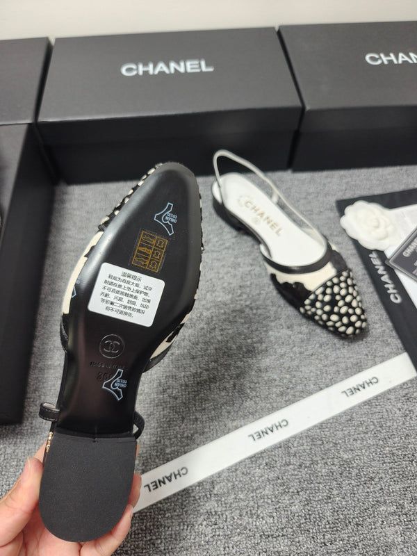 Mules CC SS 2026 Blanc Noir Cuir de veau Cuir d'agneau