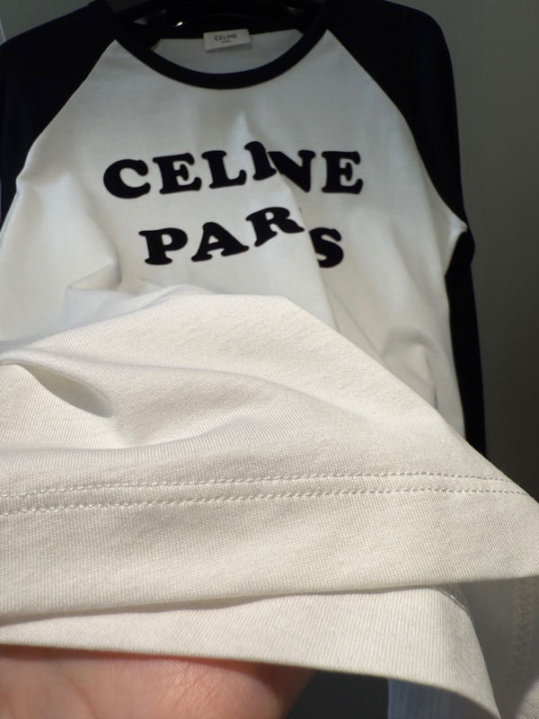Celine 25 CELINE PARIS T-shirt a maniche lunghe Bianco misto Cotone Nero