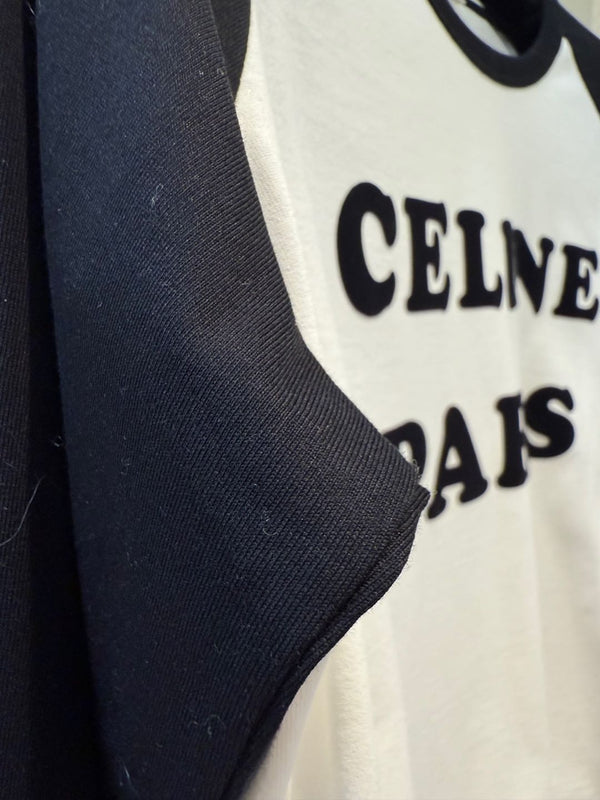 Celine 25 CELINE PARIS T-shirt a maniche lunghe Bianco misto Cotone Nero