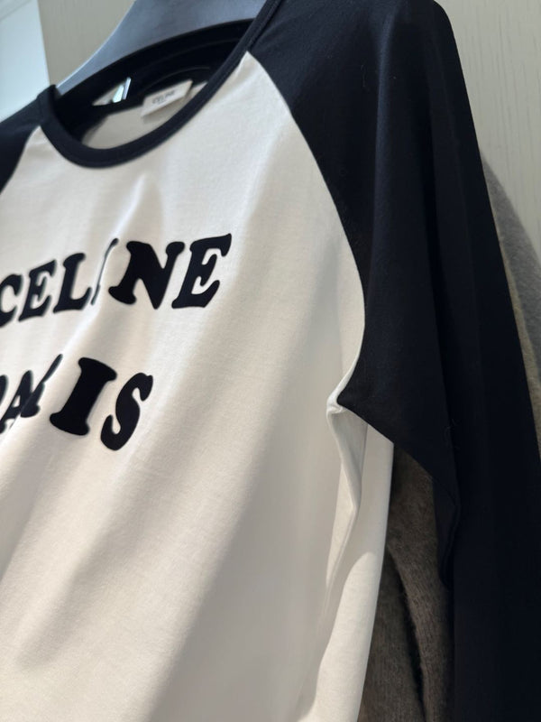 Celine 25 CELINE PARIS T-shirt a maniche lunghe Bianco misto Cotone Nero