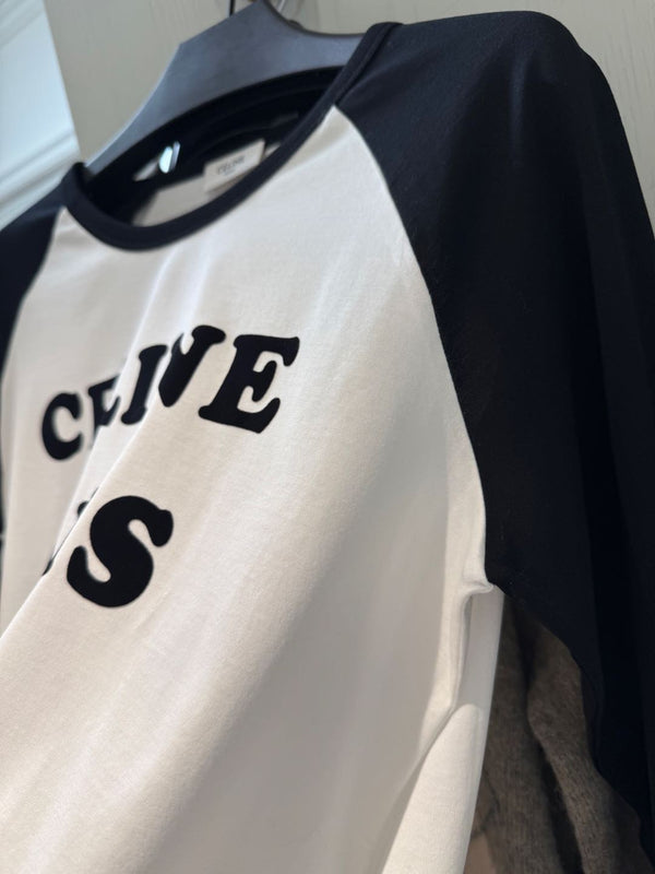 Celine 25 CELINE PARIS T-shirt a maniche lunghe Bianco misto Cotone Nero