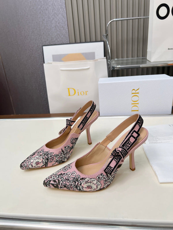 CD 26s J'Adior Slingback Pumps Pink Multicolor Embroidered Canvas 153614