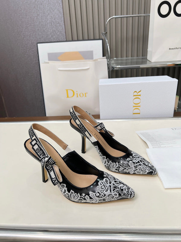 CD 26s J'Adior Slingback Pumps Black White Lace Calfskin 153615