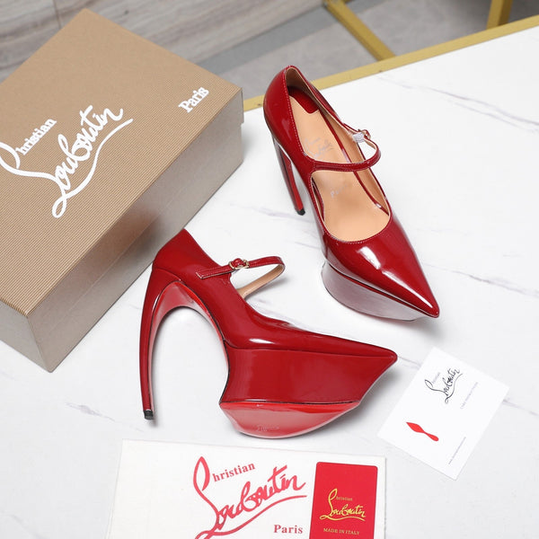 CL Escarpins Plateforme Matières Fécales 15cm Cuir Verni Rouge 637885