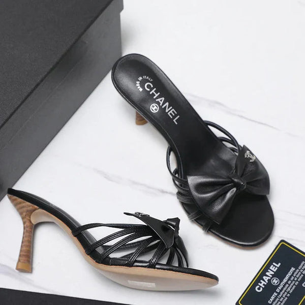 CC 2026 High-heeled Sandals With Delicate Bow 80mm Black Cowhide 758430