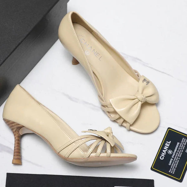 CC 2026 Bow Strappy High-Heeled Peep Toe Sandals Beige Cowhide 758432