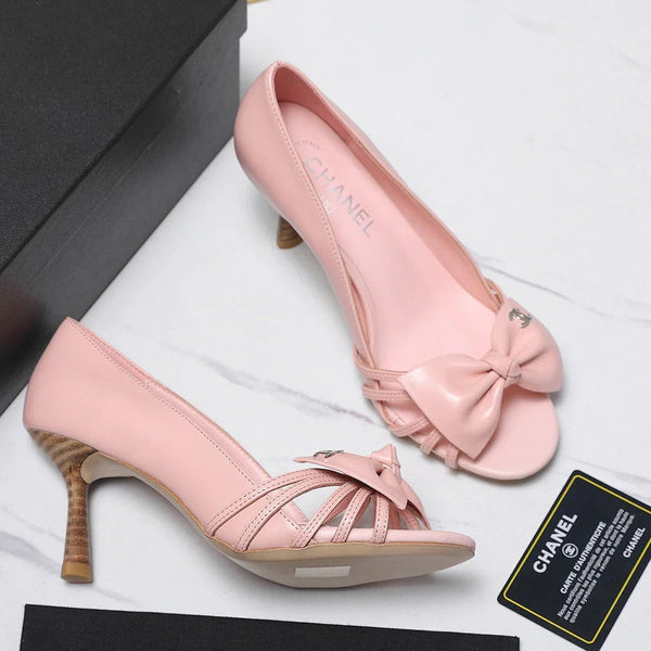 CC 2026 Bow Strappy High-Heeled Peep Toe Sandals Pink Cowhide 758433