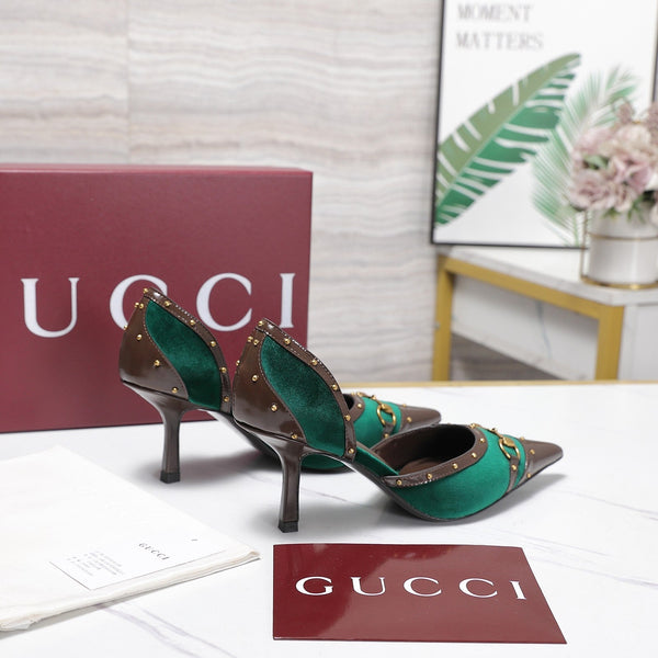 GG 26s Savoy Pumps Brown Green Lambskin Velvet 961242