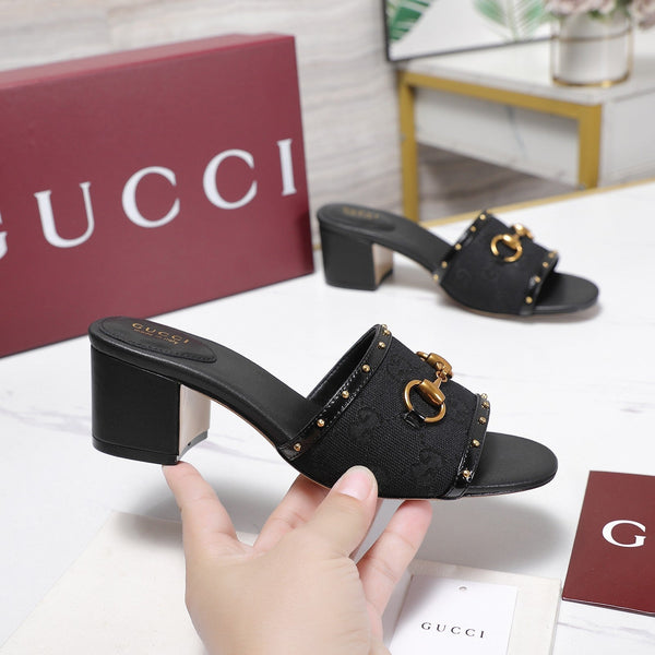 GG 26s Horsebit Mid-Heel Slide Sandal 6.5cm Black Canvas Lambskin 961275