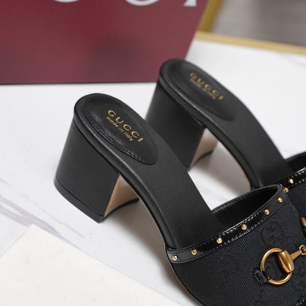 GG 26s Horsebit Mid-Heel Slide Sandal 6.5cm Black Canvas Lambskin 961275