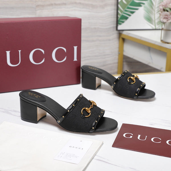 GG 26s Horsebit Mid-Heel Slide Sandal 6.5cm Black Canvas Lambskin 961275