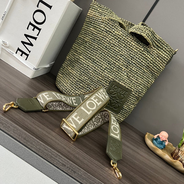 Loew Ibiza Mini Slit Raffia Tote Bag 30cm Olive Raffia Leather