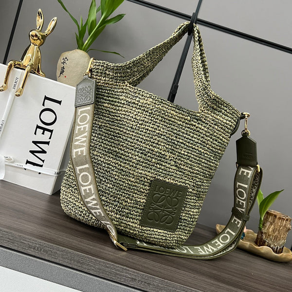 Loew Ibiza Mini Slit Raffia Tote Bag 30cm Olive Raffia Leather