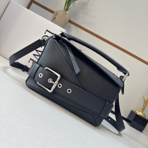 Loew Puzzle Biker Shoulder Bag 24cm Black Cowhide