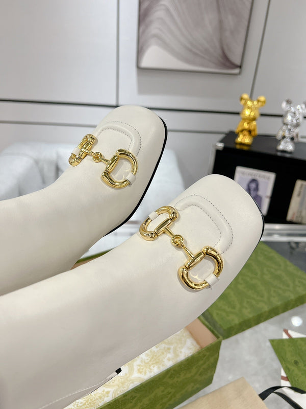 Gucci Horsebit Square Toe Mid-heeled Ankle Boots White Cowhide 490536