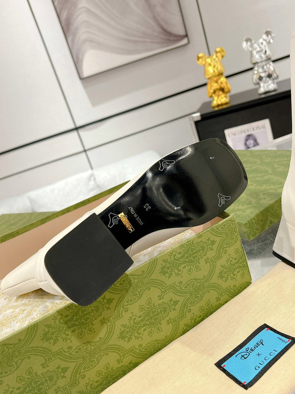 Gucci Horsebit Square Toe Mid-heeled Ankle Boots White Cowhide 490536