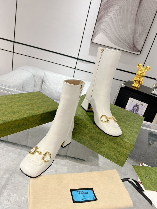 Gucci Horsebit Square Toe Mid-heeled Ankle Boots White Cowhide 490536