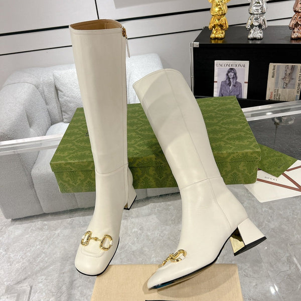 Gucci Horsebit Square Toe Mid-heeled Ankle High Boots White Cowhide 490538