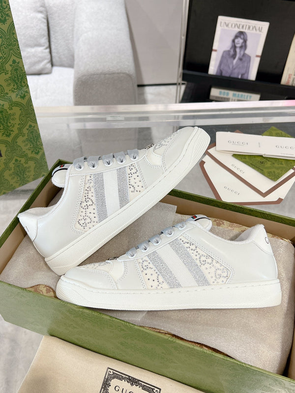 Gucci 2025 Baskets Screener Blanc Gris Cuir Toile 758539
