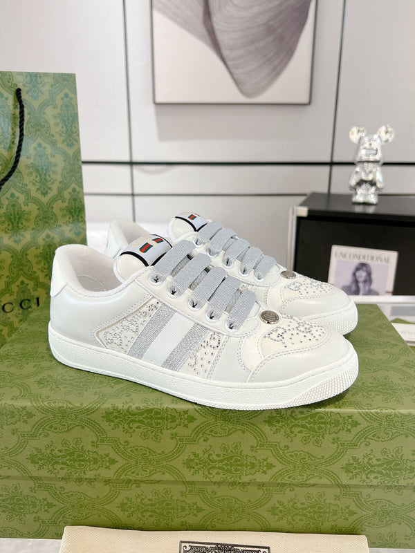 Gucci 2025 Baskets Screener Blanc Gris Cuir Toile 758539