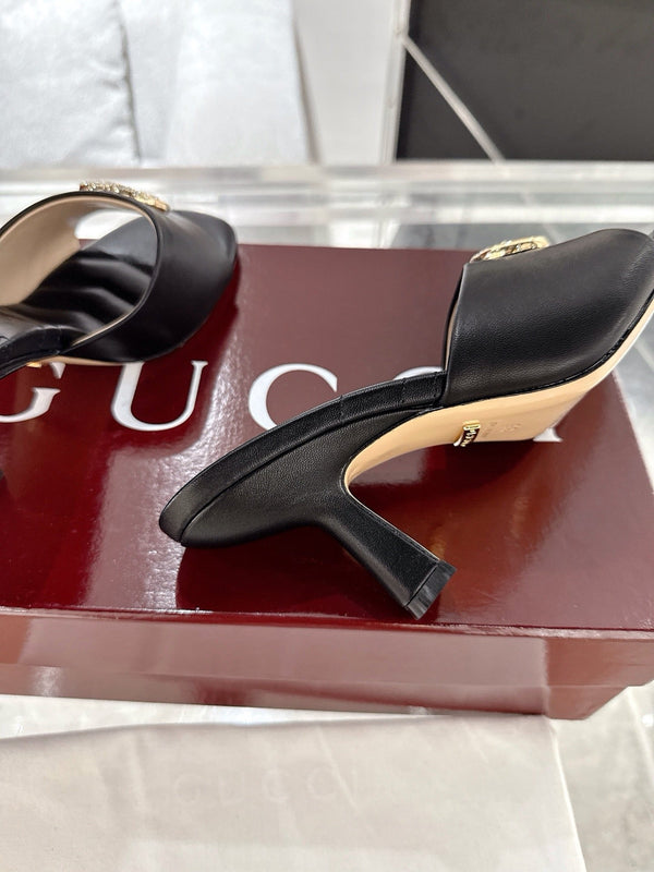 GC 2025 Double G High Heel Sandals Black Sheepskin 292469