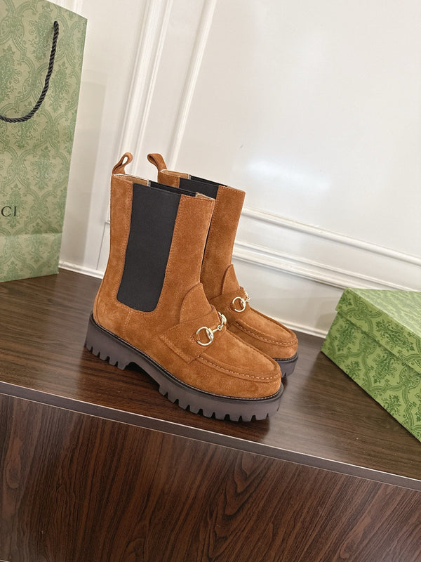 Gucci Horsebit Ankle Boots Brown Black Suede Sheepskin 490529