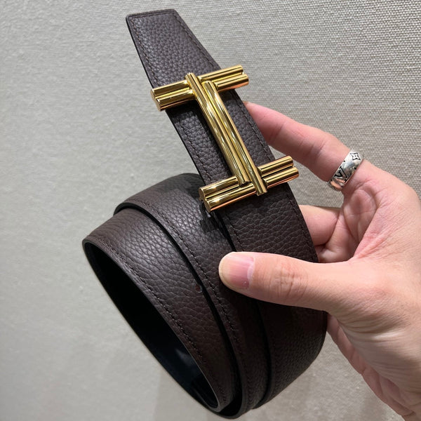 FIBBIA PER CINTURA HM TRAVERSE E CINTURINO REVERSIBILE IN PELLE MARRONE CIOCCOLATO E NERA 38 MM FERRAMENTA ORO