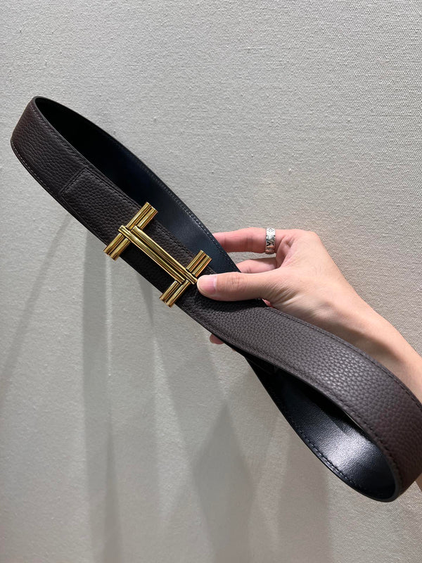 FIBBIA PER CINTURA HM TRAVERSE E CINTURINO REVERSIBILE IN PELLE MARRONE CIOCCOLATO E NERA 38 MM FERRAMENTA ORO